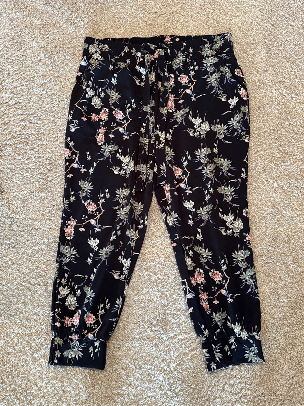 Floral Drawstring Black Jogger Pants